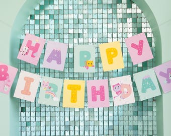 Licensed Gabby Birthday Banner, 180x15cm, 71inx6in, Gabby's Dollhouse Happy Birthday Banner,