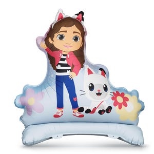 May include: An inflatable Gabby's Dollhouse balloon featuring a cartoon image of Gabby wearing a pink jacket, striped shirt, and blue jeans. A white cat with black spots is also depicted. The balloon has a light blue base with floral accents.