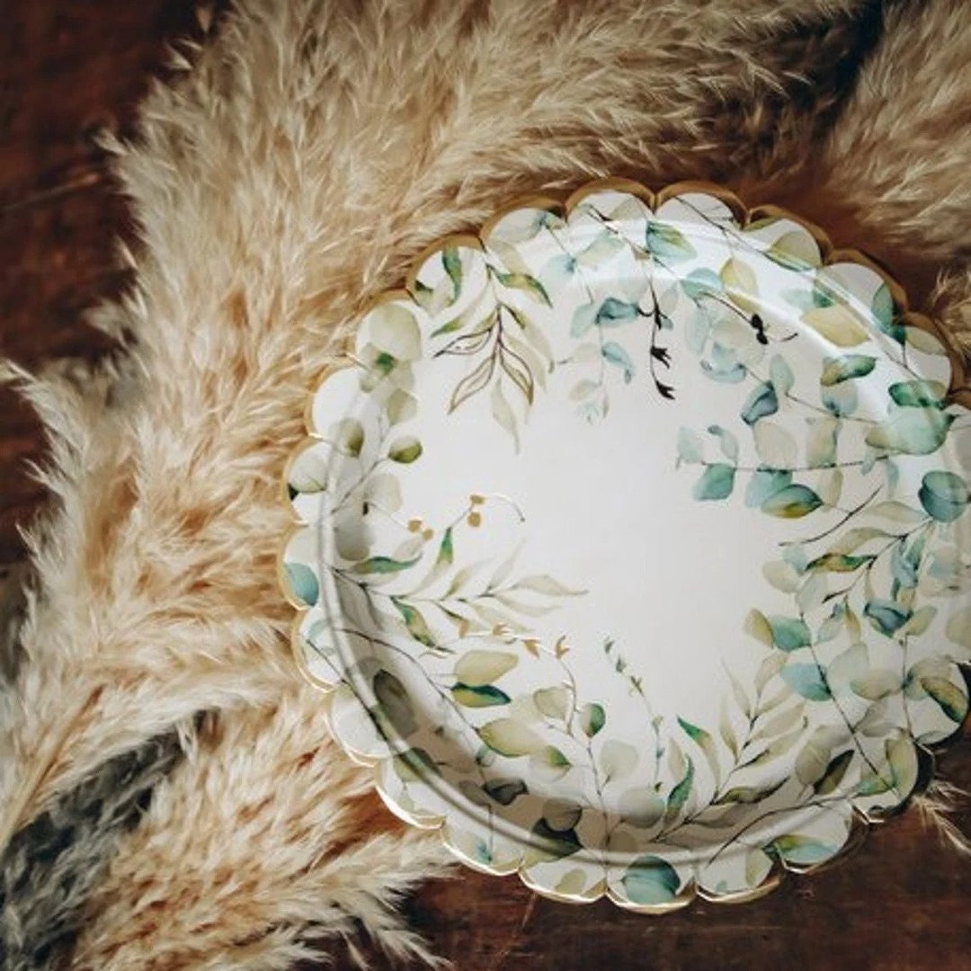 Eucalyptus Plates With Elegant Gold Foil Edge 8 Plates Sage Etsy