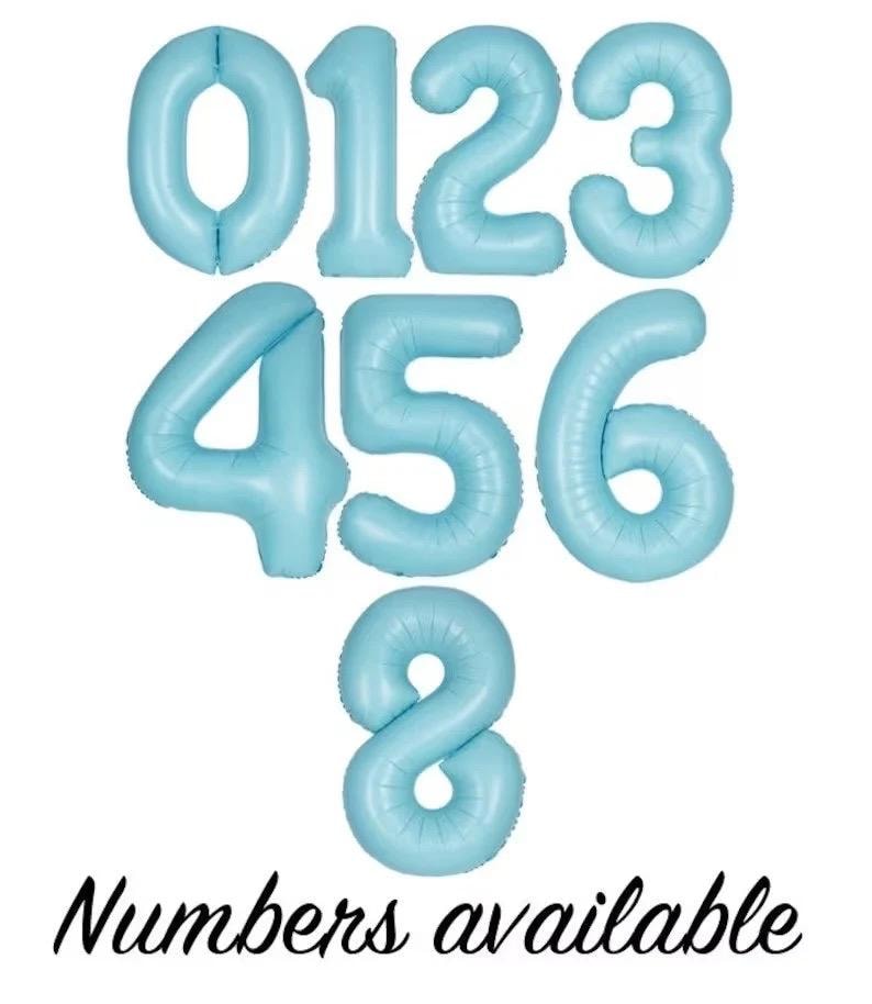 Puede incluir: Globos con n&uacute;meros en color azul claro, incluyendo los n&uacute;meros 0, 1, 2, 3, 4, 5, 6 y 8. El texto "Numbers available" est&aacute; escrito en guion negro en la parte inferior. Ideales para cumplea&ntilde;os y celebraciones.