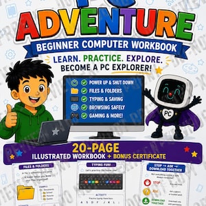 Mi primera aventura con la PC: Cuaderno de actividades para niños / Habilidades informáticas básicas / Aprendizaje de PC y Windows / Guía para juegos en PC / Imprimible. Edades: 8-12 años.
