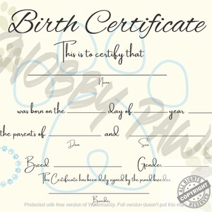 Geboortecertificaten van puppy's, geboorteakte van honden, hondenfokkers, invulbare PDF, DIGITALE DOWNLOAD