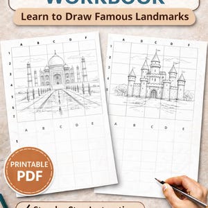 May include: A workbook titled "Grid Drawing Workbook" with the text "Learn to Draw Famous Landmarks." The image shows two pages with grid patterns and drawings of the Taj Mahal and a castle. The image also includes the text "Printable PDF."