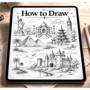 May include: A digital tablet displays a black and white illustration titled "How to Draw." The artwork depicts famous landmarks like the Statue of Liberty, Taj Mahal, pyramids, and a castle. Pencils, an eraser, and a stylus are on the wooden surface.