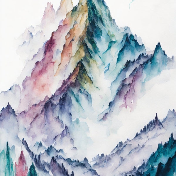 Majestic Mountain Range Watercolor Pastel Digital Art | Ready to Hang | Unique Oil Brush Effect | Perfect Gift for Art & Nature Lovers