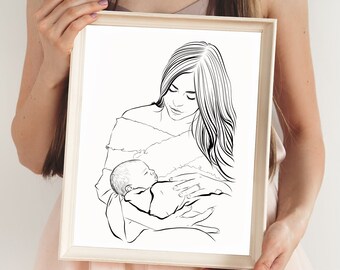 Gift for mother, Custom line drawing, digital illustration, Portrait from photo, Mothers day gift, Gift for her, Custom Portrait