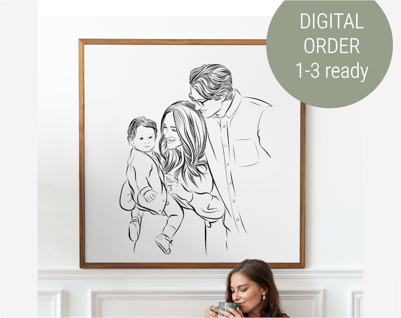 Portrait custom family art. Family portrait from photo. Black & white drawing. Custom portrait. Gift for parents. Photo to sketch SVG JPEG image 1