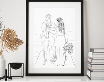 Wedding portrait Custom Illustration, Digital Art, Line Art, Custom Portrait, Wedding Gift, Anniversary Gift, Wedding Gifts for Couples Art