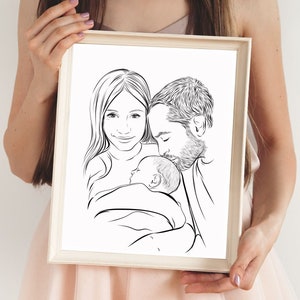 Portrait custom family art. Family portrait from photo. Black & white drawing. Custom portrait. Gift for parents. Photo to sketch SVG JPEG image 3