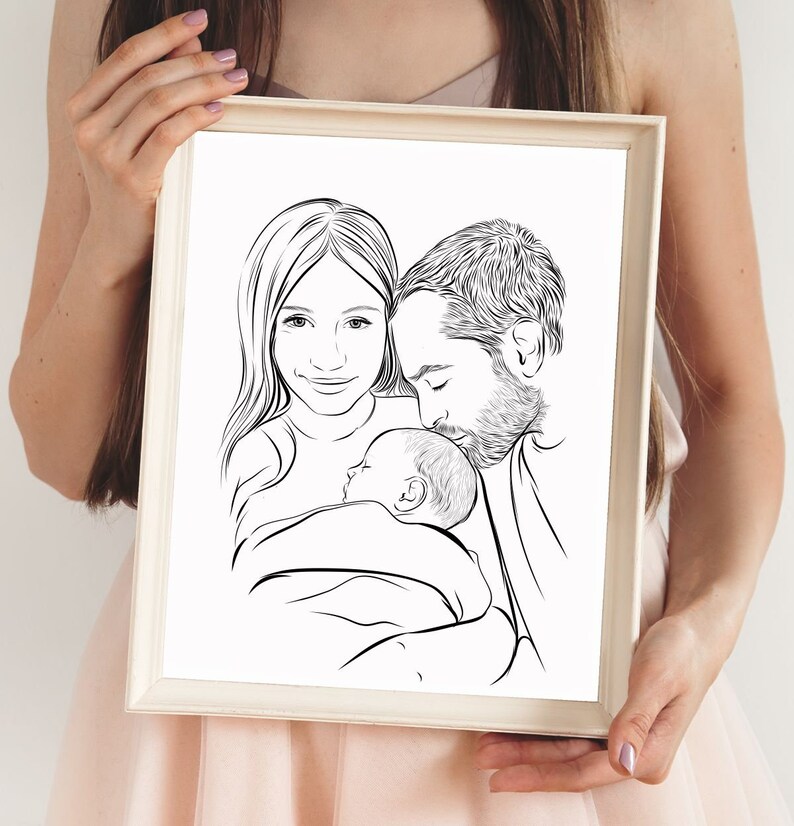 Portrait custom family art. Family portrait from photo. Black & white drawing. Custom portrait. Gift for parents. Photo to sketch SVG JPEG image 3