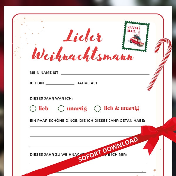 Wunschzettel Deutsch - Brief an den Weihnachtsmann - Wunschzettel zum Ausdrucken, Letter to Santa Deutsch