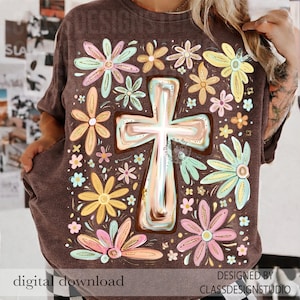 Brushstroke Glitter Floral Stitch Cross PNG, Christian Fall Sublimation Png, Fall Season Shirt Design,Hand Drawn, Digital Download