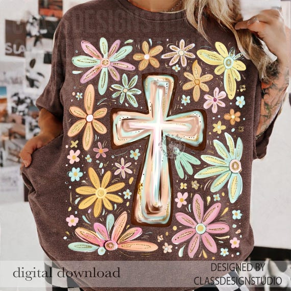 Brushstroke Glitter Floral Stitch Cross PNG, Christian Fall Sublimation Png, Fall Season Shirt Design,Hand Drawn, Digital Download