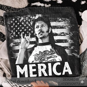 May include: Black graphic t-shirt featuring a portrait of a man with a mullet and the American flag in the background. The shirt has the words "Rock & Roll Forever" and "Merica" printed on it. The design is distressed.