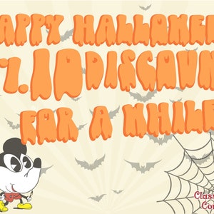 May include: A Halloween-themed graphic with orange text that reads "Happy Halloween 1.10 Discount For A While!" A cartoon mouse is on the left, with bats and a spiderweb in the background. The Class Design Company logo is in the bottom right.