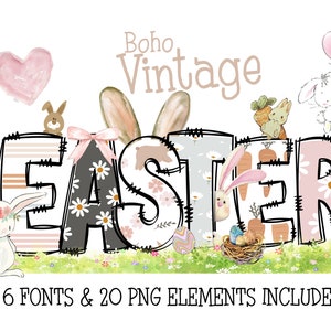 May include: A digital clipart set for Easter featuring the word "Easter" in a vintage style with patchwork letters. The letters are decorated with floral patterns and bunny ears. The set includes 20 PNG elements and 6 fonts.