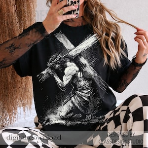 Jesus Carrying Cross PNG – Vintage Halftone Easter Christian Design, Good Friday Graphics (Digital Download) bild 3