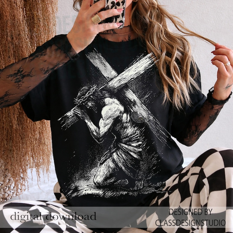 Jesus Carrying Cross PNG – Vintage Halftone Easter Christian Design, Good Friday Graphics (Digital Download) bild 3