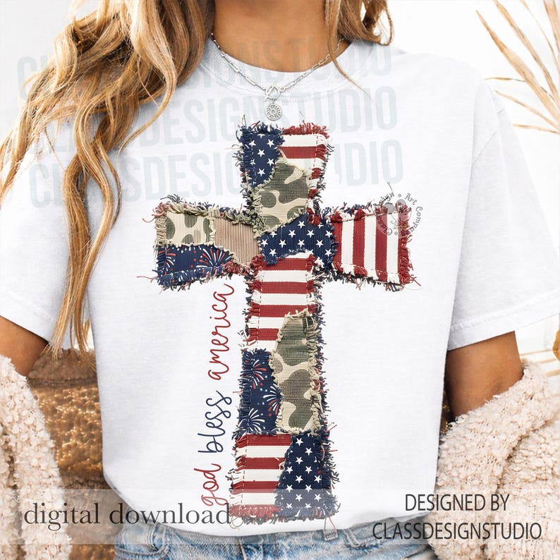 May include: White t-shirt featuring a cross design made of patchwork fabric with American flag and camouflage patterns. The words "god bless america" are written vertically on the left side. The words "digital download" are at the bottom.