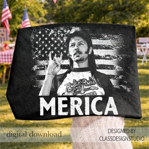 May include: Black tote bag featuring a black and white graphic of a person with long hair, the American flag, and the word "MERICA" in white. The bag also has the text "Rock & Roll Forever".