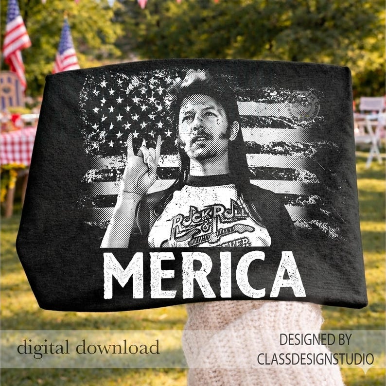 May include: Black tote bag featuring a black and white graphic of a person with long hair, the American flag, and the word "MERICA" in white. The bag also has the text "Rock & Roll Forever".