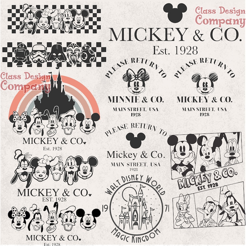 K&ouml;nnte beinhalten: Schwarzwei&szlig;e Illustrationen von Mickey Mouse und seinen Freunden. Die Bilder zeigen Mickey Mouse, Minnie Mouse, Donald Duck, Goofy, Pluto und andere Figuren. Der Text "Mickey & Co. Est. 1928" erscheint in mehreren der Bilder. Der Text "Class Design Company" erscheint in der oberen rechten Ecke des Bildes.