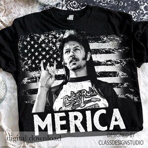 May include: Black t-shirt featuring a black and white graphic of a man with long hair and a mustache, with an American flag background. The word "MERICA" is printed in white. The shirt also has the text "Rock & Roll Forever".