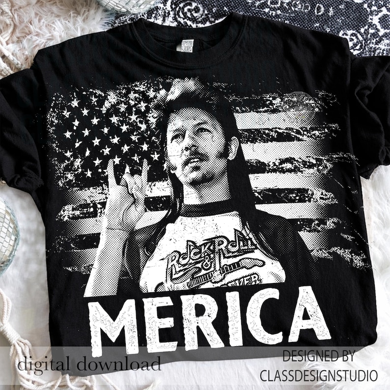 May include: Black t-shirt featuring a black and white graphic of a man with long hair and a mustache, with an American flag background. The word "MERICA" is printed in white. The shirt also has the text "Rock & Roll Forever".