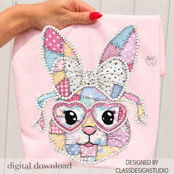 Patchwork Easter Bunny PNG Faux Pearl | Quilted Bunny Clipart | Easter Shirt Design | Spring Bunny Sublimation | Cute Easter PNG