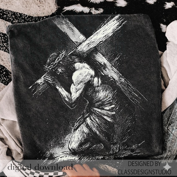 Jesus Carrying Cross PNG – Vintage Halftone Easter Christian Design, Good Friday Graphics (Digital Download)