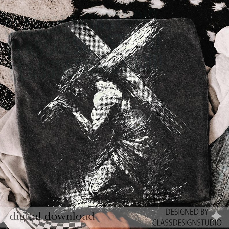 Jesus Carrying Cross PNG – Vintage Halftone Easter Christian Design, Good Friday Graphics (Digital Download)