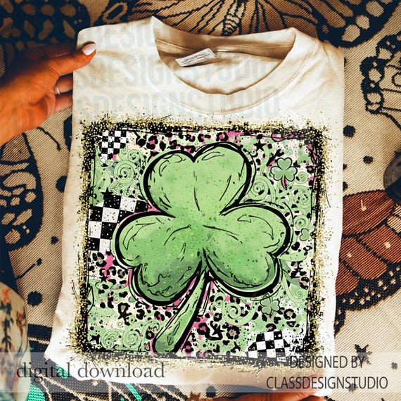 Preppy St Patrick's Day PNG, Retro Coquette St Patrick's Day Png Design, Faux Glitter Brushstrokes Bold Irish Clover png, Checkered Shamrock