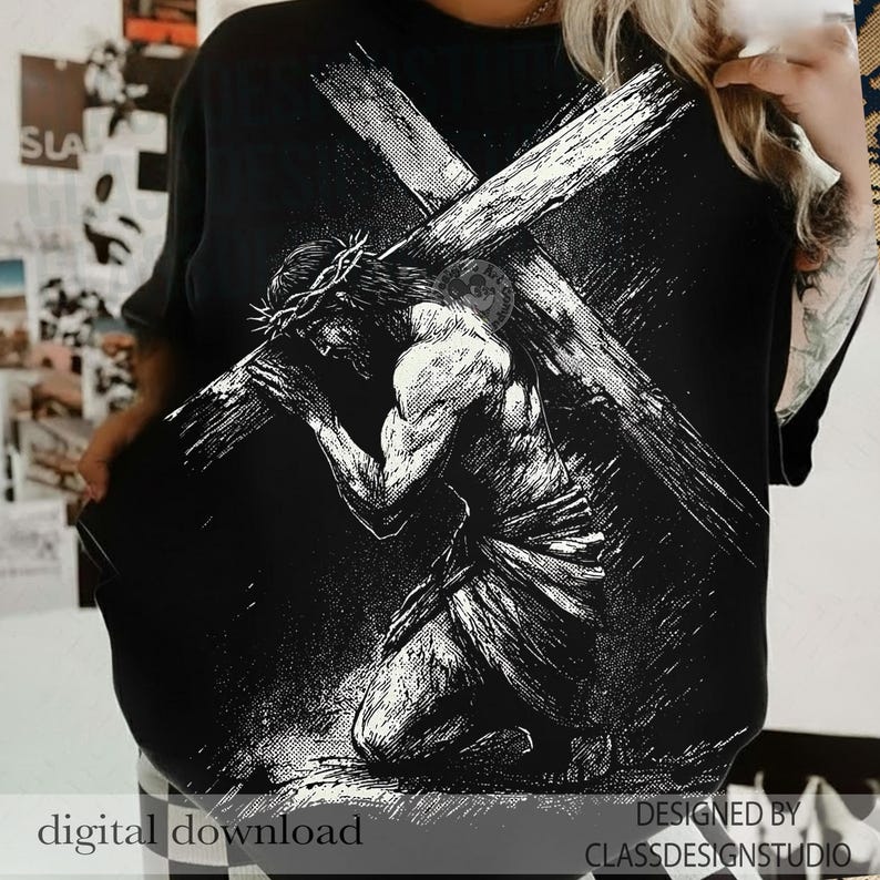 Jesus Carrying Cross PNG – Vintage Halftone Easter Christian Design, Good Friday Graphics (Digital Download) bild 2