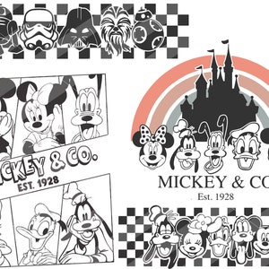 K&ouml;nnte beinhalten: Schwarzwei&szlig;-Illustration von Mickey Mouse, Minnie Mouse und Goofy. Die Illustration ist im Comic-Stil mit Sprechblasen und einem Hintergrund mit Schachbrettmuster. Der Text "Mickey & Co. Est. 1928" ist im Bild zu sehen.