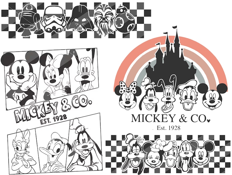 K&ouml;nnte beinhalten: Schwarzwei&szlig;-Illustration von Mickey Mouse, Minnie Mouse und Goofy. Die Illustration ist im Comic-Stil mit Sprechblasen und einem Hintergrund mit Schachbrettmuster. Der Text "Mickey & Co. Est. 1928" ist im Bild zu sehen.