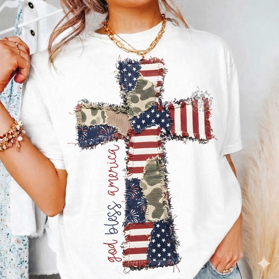 Patchwork 4Th Of July Cross PNG, God Bless America PNG, 4th of July PNG, American Flag Png, Christian Sublimation Design,Usa Patriotic Shirt