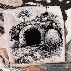 May include: A black and white illustration of an open tomb with a cross on a hill, a tree, and a bird. The words "Digital download" and "Designed by ClassDesignStudio" are printed on the bottom of the image.