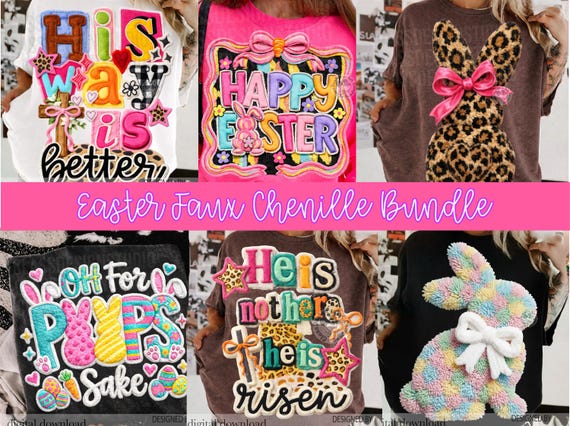 Faux Chenille Easter PNG Bundle, Glitter Bunny Coquette Bow PNG, He is Risen Png, Easter Png, retro easter png,Kids easter png,preppy easter
