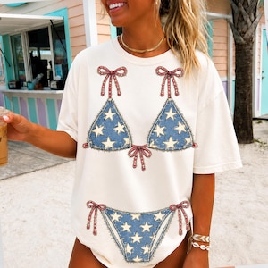 Patchwork Bikini Top PNG, USA Denim Swimsuit Shirt Design, Trendy Summer Sublimation Design, Girly Beach Png