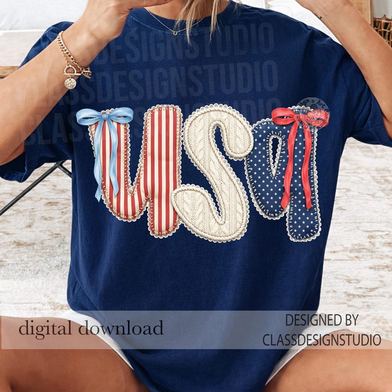 USA Patchwork PNG, Coquette Patriotic Bow Shirt Design, 4th of July Lace Letters Sublimation, Vintage American Flag Graphic