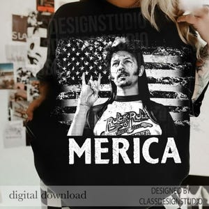 May include: Black t-shirt featuring a black and white graphic of a man with long hair, an American flag, and the word "MERICA" in bold white letters. The shirt also has the text "Rock & Roll Forever".