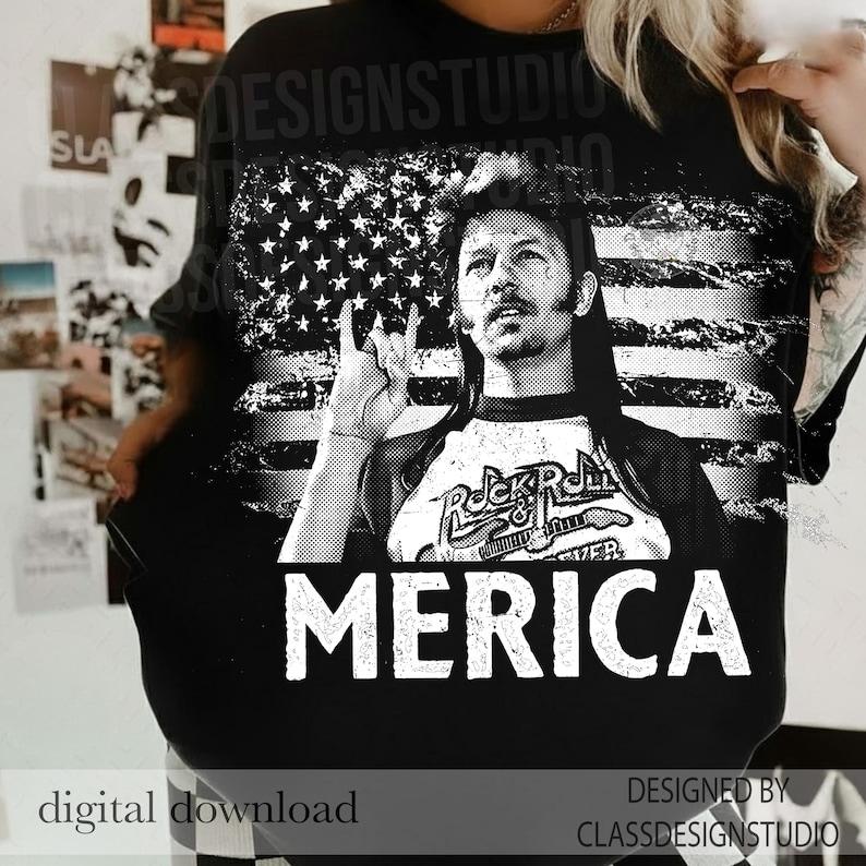 May include: Black t-shirt featuring a black and white graphic of a man with long hair, an American flag, and the word "MERICA" in bold white letters. The shirt also has the text "Rock & Roll Forever".