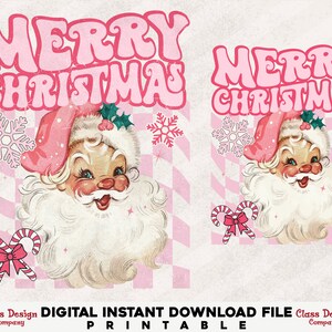 May include: A digital print featuring a vintage Santa Claus illustration with the words "MERRY CHRISTMAS" in pink. The image includes snowflakes, candy canes, and a pink and white checkered background. The text "DIGITAL INSTANT DOWNLOAD FILE PRINTABLE" is also present.
