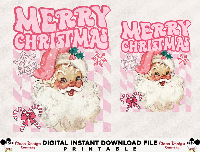 May include: A digital print featuring a vintage Santa Claus illustration with the words "MERRY CHRISTMAS" in pink. The image includes snowflakes, candy canes, and a pink and white checkered background. The text "DIGITAL INSTANT DOWNLOAD FILE PRINTABLE" is also present.