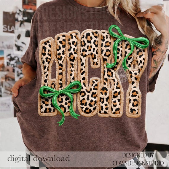 St Patricks Day LUCKY PNG, Leopard Print Lucky Bow PNG, Faux Chenille Png Design, Chenille Lucky Png, St Patrick's Day Png, Digital Download
