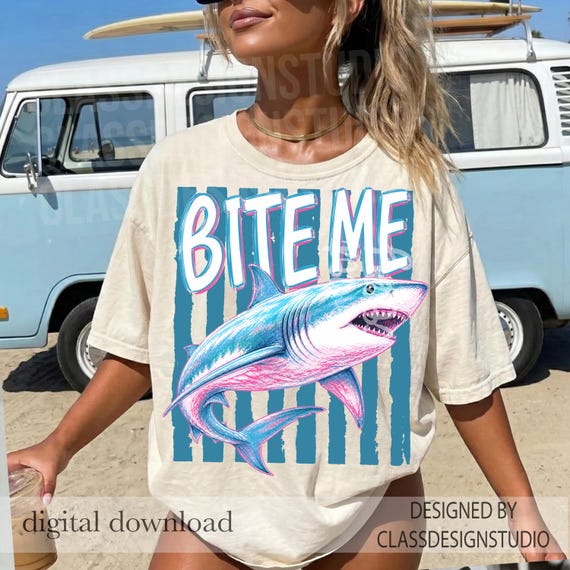 Bite Me Shark PNG, Funny Summer Beach Design, Trendy Shark Graphic, Coastal Striped Aesthetic PNG, Sublimation DTF Digital File