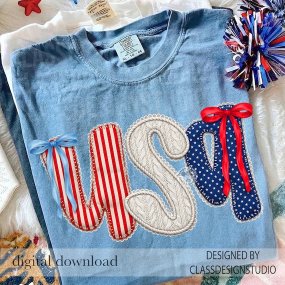 USA Patchwork PNG, Coquette Patriotic Bow Shirt Design, 4th of July Lace Letters Sublimation, Vintage American Flag Graphic