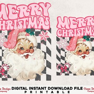 May include: A vintage-style digital print featuring Santa Claus wearing a pink hat, with the words "MERRY CHRISTMAS" in pink. The design includes snowflakes, candy canes, and a checkered background. The text "DIGITAL INSTANT DOWNLOAD FILE PRINTABLE" is also present.