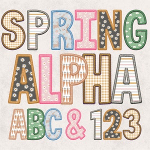 May include: Colorful alphabet letters and numbers with different spring-themed patterns, including gingham, floral, and bunny designs. The letters spell out "SPRING ALPHA ABC & 123".