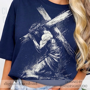 Jesus Carrying Cross PNG – Vintage Halftone Easter Christian Design, Good Friday Graphics (Digital Download) bild 4